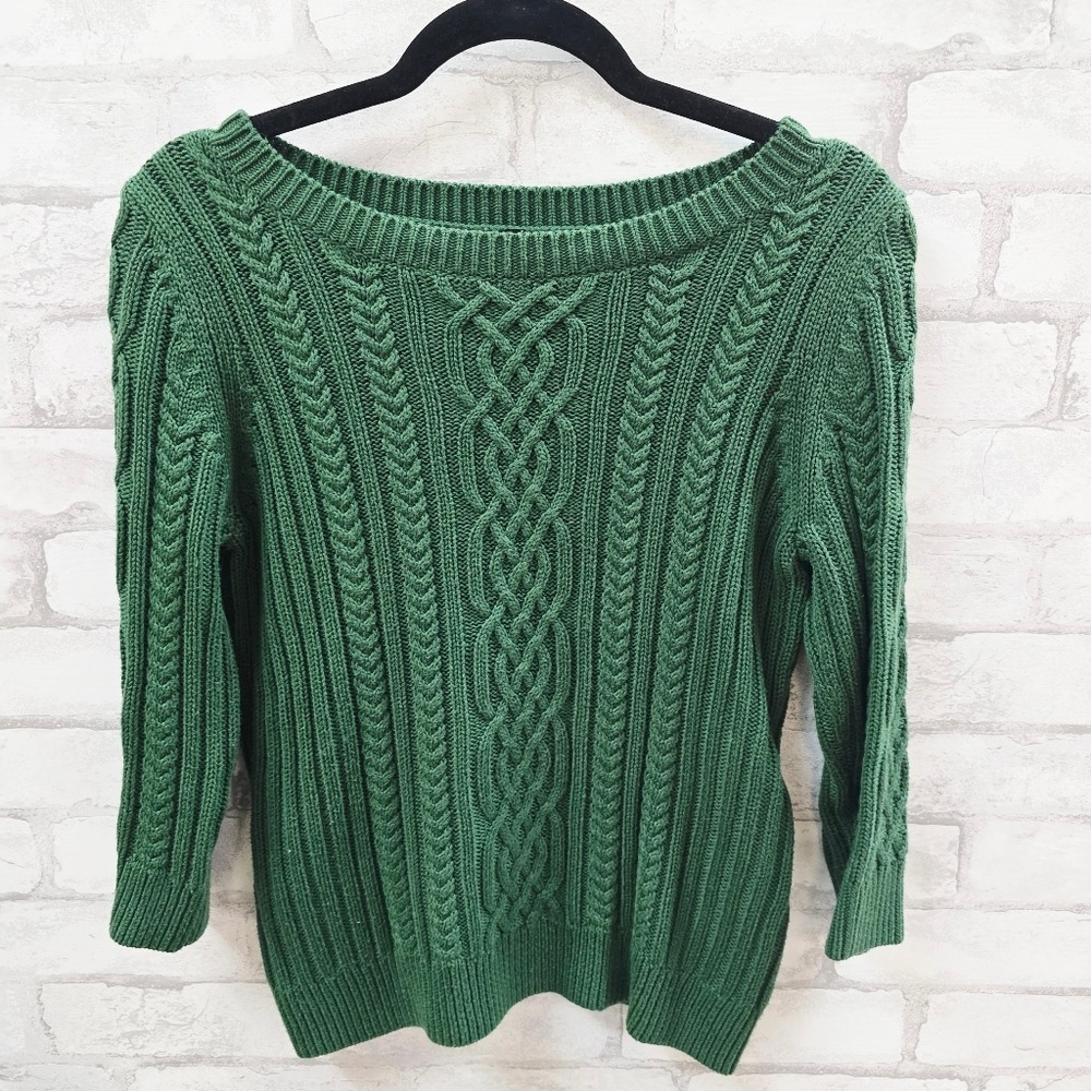 Talbots Petites Grn Cable Knit Sweater Boat Neck 3/4 Sleeve Small P Cotton Rayon